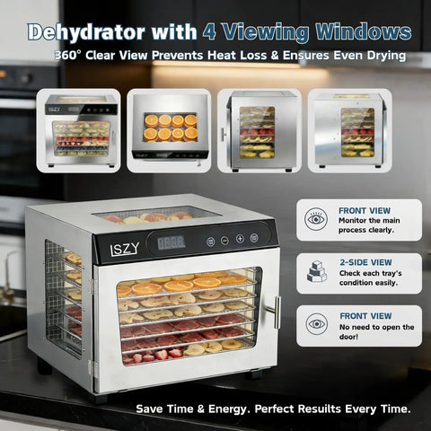 Top Shelf 800W Food Dehydrator Machine Featuring Ten Stainless Steel Trays For Even Airflow And Precise Temperature Settings To Whip Up Homemade Beef Jerky Dried Fruit And Herbs Quickly, showcasing four viewing windows.