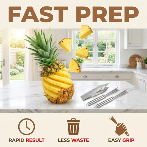 Heavy Duty Stainless Steel Pineapple Eye Remover Tool Set With Eye Clip And V Shape Cutter Knife displayed on kitchen counter