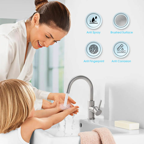 Woman and child using Brushed Nickel Bar Sink Faucet With Lead Free 304 Stainless Steel, Single Hole Mount, in bathroom