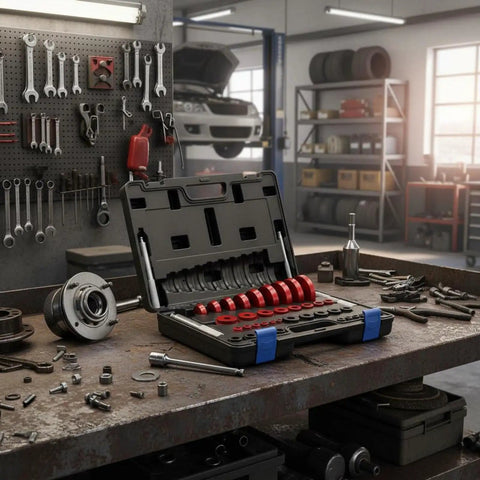 Heavy 43 Pc Bearing Install Tool Kit With Seal Driver And Wheel Hub Repair Solid 6061 Aluminum Alloy For Smooth Garage Work And Quick No Sweat Repairs Crushing It On Auto Maintenance Grind Easier For Real Pros Wanting Top Rated Pro Gear open case on workshop bench
