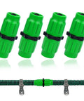 Expandable Garden Hose Repair Kit With Four Dual Channel Connectors And Metal Clamp Quick Fix for Damaged Hoses Save Money And Extend Life Fits Three Quarter Inch Or Five Eighths Inch Garden Hose Fittings Easy DIY Upgrade No Brainer shown with connectors and hose
