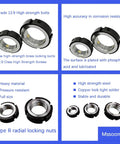 Pack Of Twenty M42 Lock Nuts With Copper Pin Hella Tough 42CrMo Alloy Steel Round Nuts Vibration Resistant Design No Sweat Tightening For Roller Screws And Heavy Duty Machinery displayed in black and silver, featuring a copper pin.