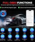 Bluetooth OBD2 Scanner Must Have For All System Bidirectional Diagnostics Works With iOS And Android Car And Truck Code Reader CANFD Protocol FCA AutoAuth 10 Plus Reset Functions Wireless Diagnostic Tool With 1 Year Free Updates image showing a car and diagnostic app interface with function icons