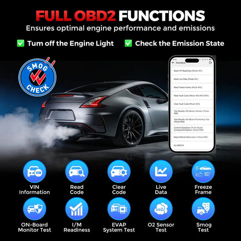 Bluetooth OBD2 Scanner Must Have For All System Bidirectional Diagnostics Works With iOS And Android Car And Truck Code Reader CANFD Protocol FCA AutoAuth 10 Plus Reset Functions Wireless Diagnostic Tool With 1 Year Free Updates image showing a car and diagnostic app interface with function icons
