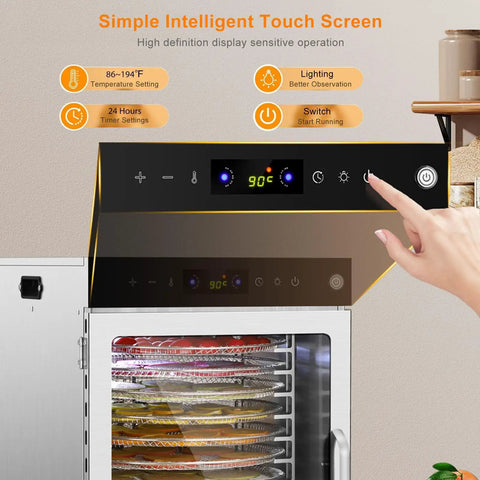 Smooth Operator Rotary Food Dehydrator With 24 Hour Timer And 360 Degree Auto Turn Stainless Steel Trays, touch screen control panel.