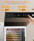 Heavy Duty Twenty Chamber Electric Food Dehydrator Featuring Smooth 360 Degree Hot Air Circulation And Twenty Four Hour Programmable Timer displaying touch screen controls.