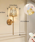 Gold Rechargeable Wireless Wall Sconces Set Of 2 With Remote Dimmable Accent Lamps dimensions and remote control shown on wall.