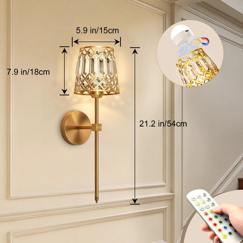 Gold Rechargeable Wireless Wall Sconces Set Of 2 With Remote Dimmable Accent Lamps dimensions and remote control shown on wall.