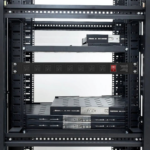 Eight Outlet Rack Mount Power Strip With Wide Spaced Sockets, 1U Server Rack Surge Protector installed in server rack