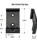 1.08 Inch Width Din Rail Mount Bracket Built Tough Aluminum Alloy Clip For 35mm Universal DIN Rail shown in front and side view.