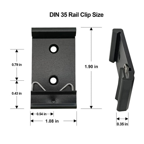 1.08 Inch Width Din Rail Mount Bracket Built Tough Aluminum Alloy Clip For 35mm Universal DIN Rail shown in front and side view.