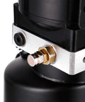 Close-up of Heavy Duty 220V Hydraulic Pump connection featuring steel fittings for auto repair shops.
