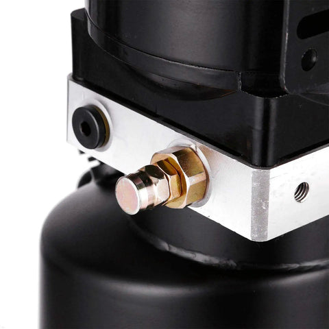 Close-up of Heavy Duty 220V Hydraulic Pump connection featuring steel fittings for auto repair shops.