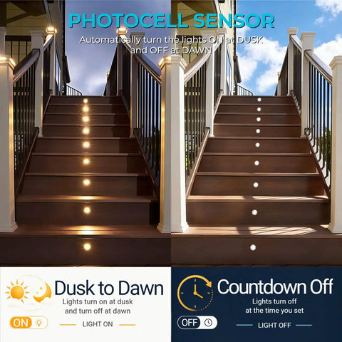 Recessed Deck Stair Lighting Kit With Timer Sensor And Photocell Dimmable 12V Low Voltage LED Step Lights IP67 Waterproof demo
