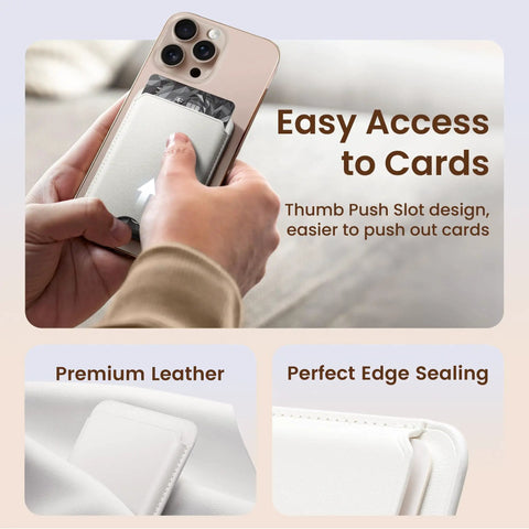 Stronger Magnetic Wallet For iPhone 12 To 17 With MagSafe Compatibility, slim white leather card holder shown in use