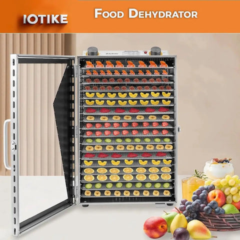 Top Notch Stainless Steel Electric Food Dehydrator With 12 Hour Timer And Adjustable Temp Dial for drying fruits on trays.