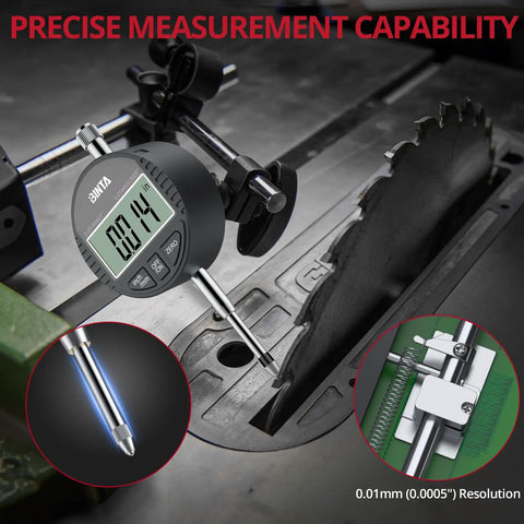 Pro Grade Digital Dial Indicator 1 Inch With 0.0005 Inch Resolution on a metal surface next to a saw blade