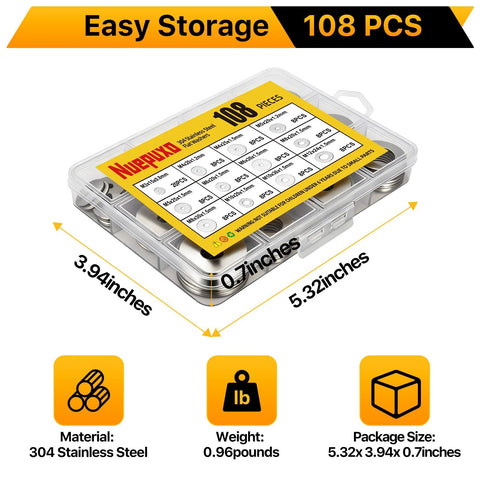 Nuepuxo 108-piece flat washers set in a clear plastic storage case; 304 stainless steel, metric M3–M12 sizes.
