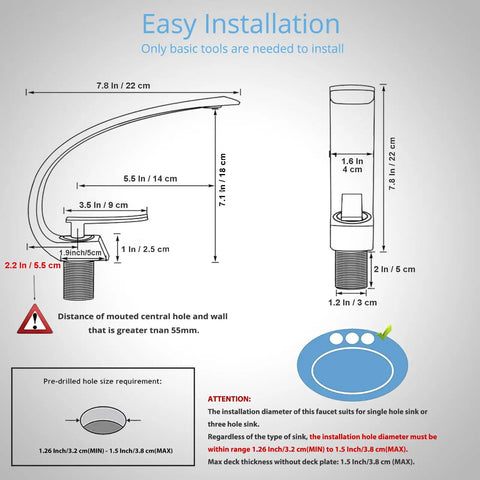 Diagram showing dimensions and installation instructions for Chrome Bathroom Sink Faucet With Cover Plate And Pop Up Drain Assembly.