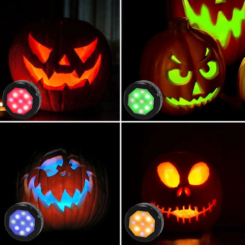 Rechargeable USB Puck Lights For Under Cabinet And Closet, 16 Color Changing Dimmable LEDs illuminating Halloween pumpkins