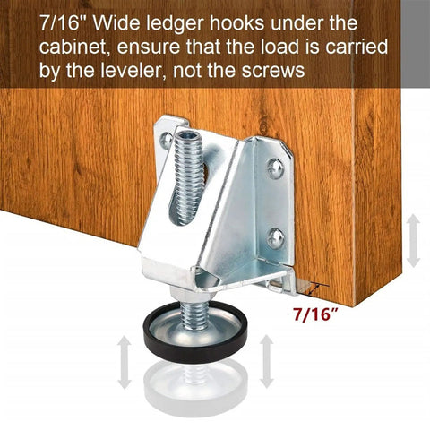 Heavy Duty Adjustable Leveling Feet For Furniture Cabinets Tables Chairs And More 4 Pack With L-Mount Brackets, 0.4 Inch Shaft, Adjustable Height Up To 2.5 Inches, Free Swivel, Sturdy Leveling Supports For Home Office Workshop. 7/16 in mount bracket on cabinet