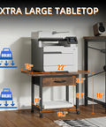 Large Printer Stand With Storage Drawer And Two Tier Under Desk Table For Home Office Fits Fax Machine 3D Printer And Scanner, shown with measurements