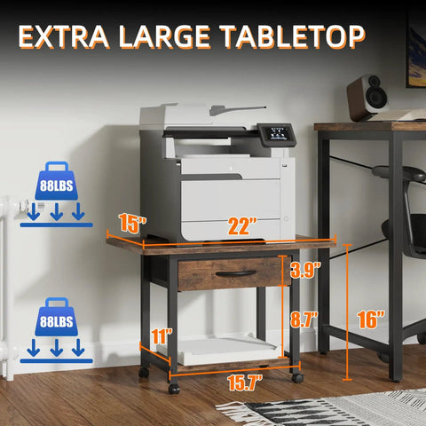 Large Printer Stand With Storage Drawer And Two Tier Under Desk Table For Home Office Fits Fax Machine 3D Printer And Scanner, shown with measurements