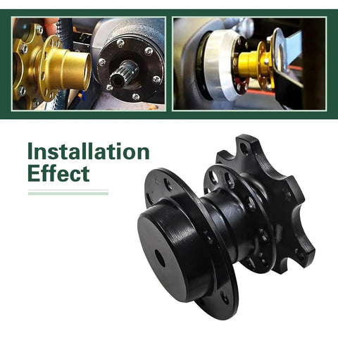 Slick Push Button Quick Release Steering Wheel With Aluminum Snap Off Hub Adapter Boss Kit For Universal Race Car And Street Rod Build Black Anti Theft Setup installation view showing black hub adapter.