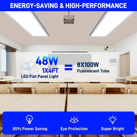 Lit 1x4 LED Flat Panel Light 4800 Lumens 48W Dimmable Edge Lit Ceiling Fixture in room setting