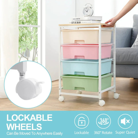 Rolling Storage Cart With Four Large Drawers And Wooden Top, Durable Powder-Coated Mobile Utility Cart On Wheels For Kitchen, Office, Garage, Or Craft Room Organization With Easy Access Storage, Rainbow Finish.