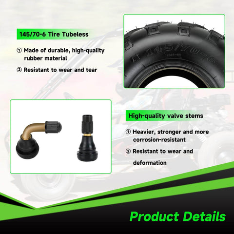 Detailed view of 145/70-6 Tubeless Tire For Mini Bikes And ATVs, highlighting durable rubber material and valve stems.