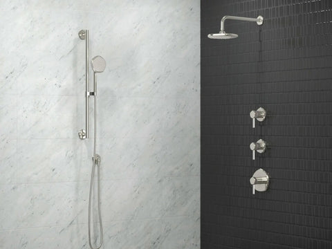 Shower system with Occasion Volume Control Valve Trim With Lever Handle Matte Black And Moderne Brass Finish