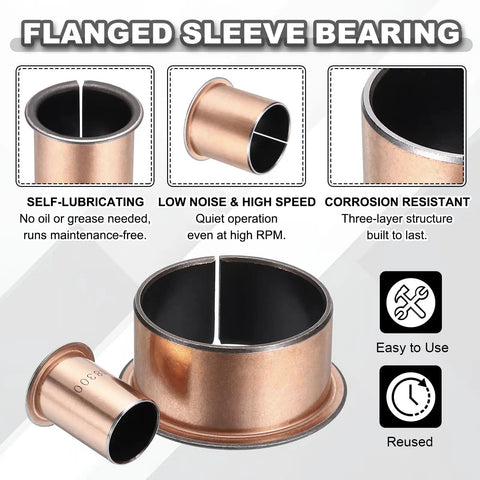 60 Pack Flanged Sleeve Bearings, 12Mm Bore X 14Mm Od X 9Mm Length, Self Lubricating Sintered Bronze Bushings close-up view highlighting features.