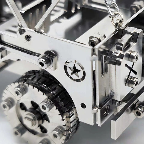 3D Metal Car Puzzle Model Kit With Mechanical Iron Blood Design, Dope DIY Buildable Vehicle For Adults Teens Men And Women, Stainless Steel Craft Kit For Collectors And Hobbyists Who Love Hands On Projects; close-up wheel detail