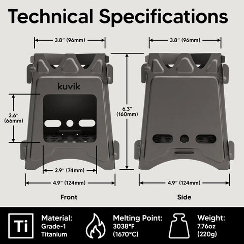 Technical specifications of Titanium Wood Stove Ultralight And Compact For Backpacking With Collapsible 0.2 Inch Thick weighing 6.8 ounces