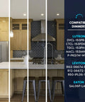 Modern kitchen with LED recessed lighting, compatible dimmers list on the side, showing Ultra Thin 5 Inch LED Recessed Light With Junction Box 12W Dimmable Wafer Downlight 5 CCT Color Selectable 2700K 3000K 3500K 4000K 5000K 1000 Lumens ETL Energy Star IC Rated 4 Pack.