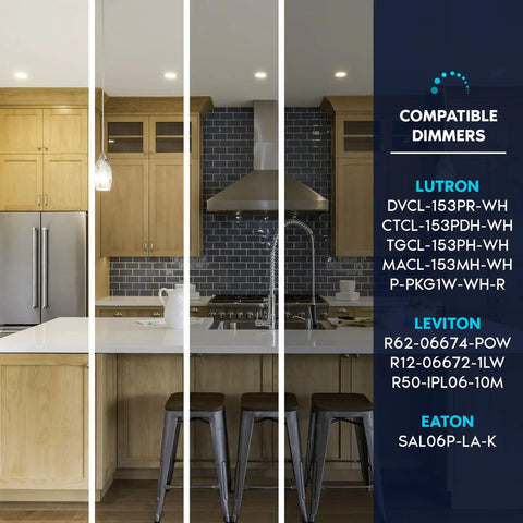 Modern kitchen with LED recessed lighting, compatible dimmers list on the side, showing Ultra Thin 5 Inch LED Recessed Light With Junction Box 12W Dimmable Wafer Downlight 5 CCT Color Selectable 2700K 3000K 3500K 4000K 5000K 1000 Lumens ETL Energy Star IC Rated 4 Pack.