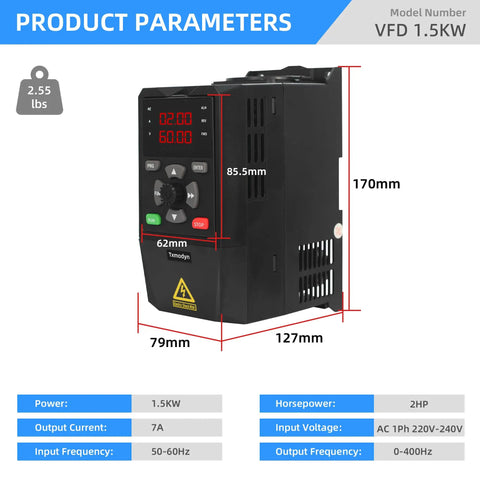 VFD Inverter 1.5KW 2HP 220V Single Phase To 3 Phase Output 0 to 400 Hz 7A Drive with 170x127x79mm dimensions