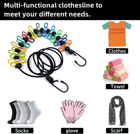 Retractable Portable Clothesline For Travel And Home Indoor Outdoor Drying With 12 Clips Heavy Duty Pegless Laundry Line with colorful clips