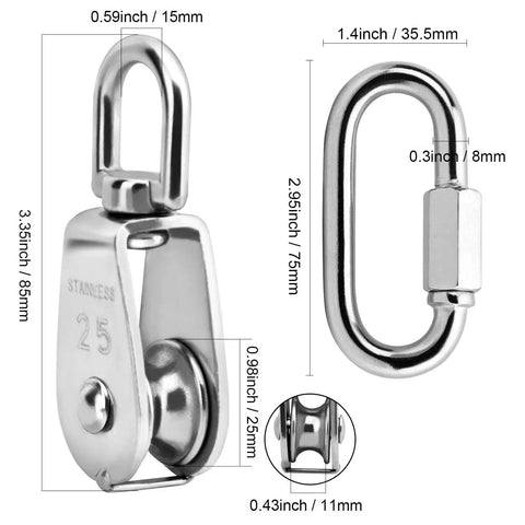4 Pack 25mm Single Pulley Block Set With 6 Quick Links For Heavy Duty Lifting And Towing, 304 Stainless Steel Snatch Block System, Wire Rope Hanging Wheel For Lifts, Supports Up To 500 Lbs, 25mm pulley and quick link