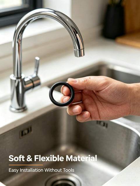 Hand holding black O ring from Premium 250 Piece O Ring Assortment Kit With 15 Sizes Nitrile Rubber Seals Set near kitchen faucet