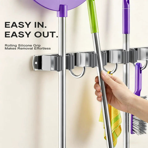 Heavy Duty Wall Mount Broom And Mop Organizer With Five Clamps And Four Hooks Stainless Steel Cleaning Tool Rack usage detail