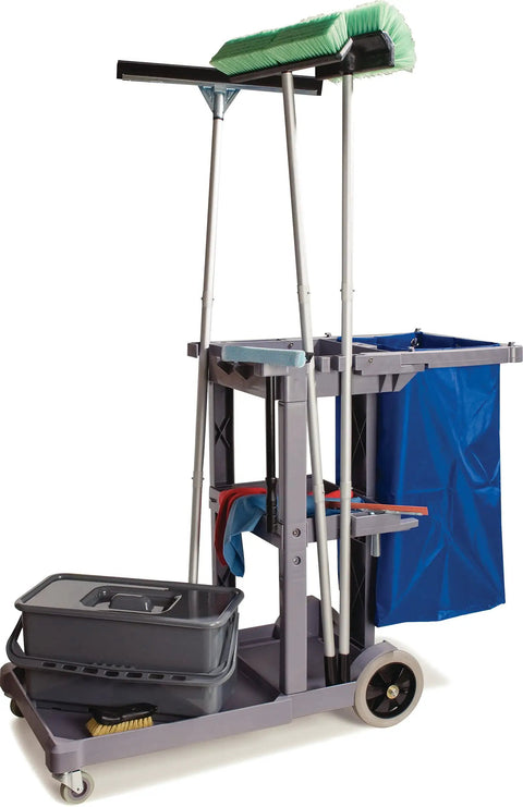 Workhorse Heavy Duty Janitorial Cart 45 Inch Platform With 25 Gallon Trash Bag For Restaurants Hospitals And Schools Plastic Gray With Three Shelf Organization System For Easy Cleanups On The Go