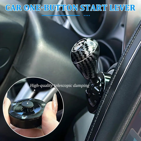 Carbon Fiber Push To Start Button Cover For Car Joystick Upgrade, Alloy Button Cap In Black Finish, Durable Construction Easy Install, Slick Car Accessory To Elevate Your Ride With Modern Style And Quick Start. Black carbon fiber car start lever with alloy cap and round base