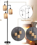 Boho Bamboo Floor Lamp With Remote Dimmer And Dimmable Bulb Warm Cozy Glow For Living Room Or Bedroom Black Industrial Farmhouse Tall Corner Lamp With Wicker Shade showing adjustable height and rotation features.