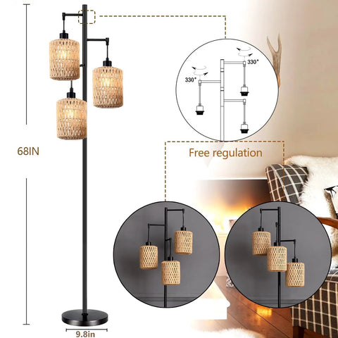 Boho Bamboo Floor Lamp With Remote Dimmer And Dimmable Bulb Warm Cozy Glow For Living Room Or Bedroom Black Industrial Farmhouse Tall Corner Lamp With Wicker Shade showing adjustable height and rotation features.