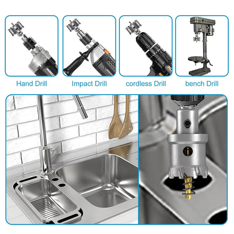Heavy Duty 3 Inch TCT Hole Saw Kit With Tungsten Carbide Blades for Steel Copper Iron And Plastic in kitchen setting.