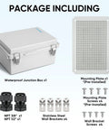 Package contents showing Outdoor Electrical Box Waterproof IP67 ABS Enclosure with Hinged Cover, mounting plate, and accessories.