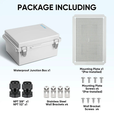 Package contents showing Outdoor Electrical Box Waterproof IP67 ABS Enclosure with Hinged Cover, mounting plate, and accessories.