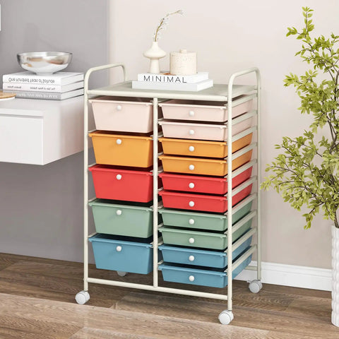 15 Drawer Rolling Storage Cart With Lockable Wheels And Removable Drawers, Multipurpose Utility Organizer On Wheels For Office School Home